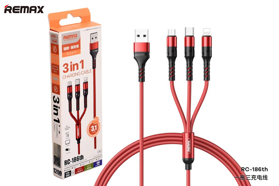 Remax 3 in 1 cable RC 186th Red Colour